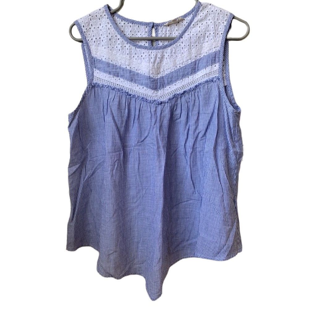 ARTISAN CRAFTED Womens Ivory & Blue Stripes w/ Ivory Eyelet Lightweight Tank Top